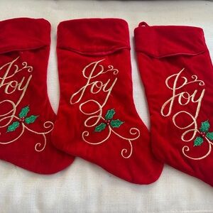 3 Red Christmas Stockings with Joy Embroidery